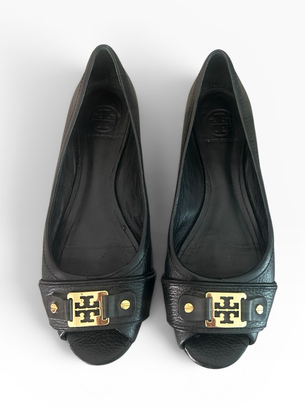 Tory Burch CLINE Black Leather Gold Logo Flat
Open Peep Toe Buckle Slide Sz 8.5